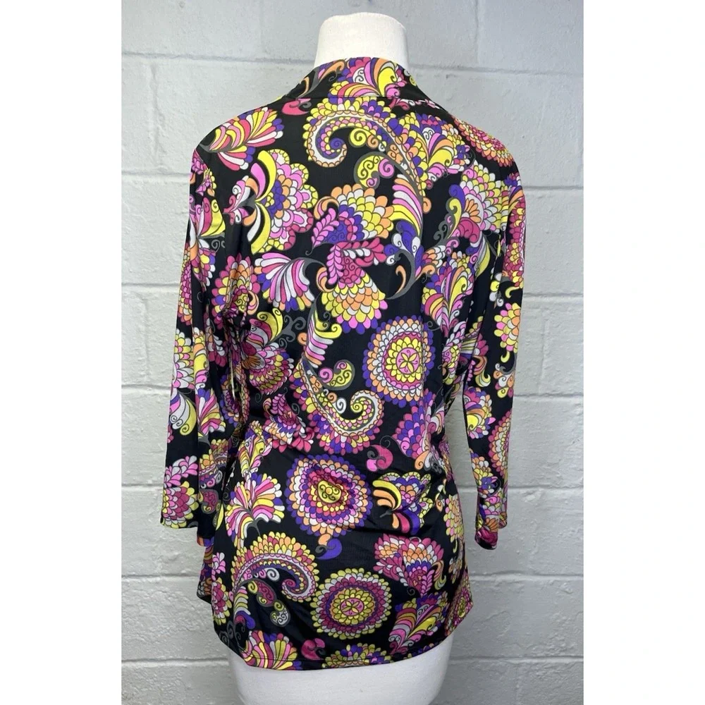 Carmen Marc Valvo Y2K Paisley Retro Wrap Top Large Pink Purple Black Slinky - Picture 5 of 9